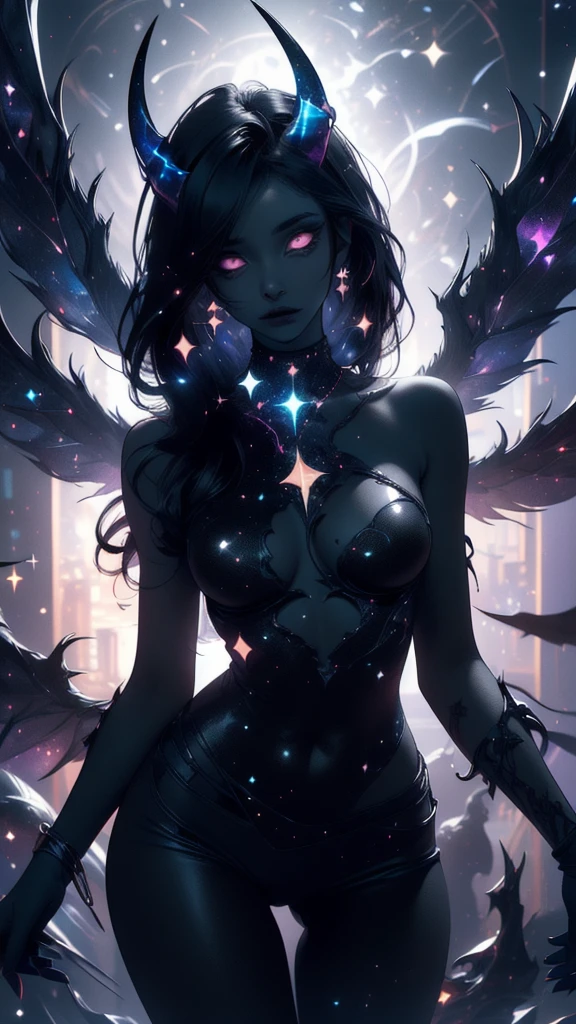 Generate a dark celestial demoness, woman with ((extremely perfect)) eyes and (((pure black galaxy skin))). Her ((onyx black)) but (soft) face should be highly detailed and realistically shaded with puffy lips. Busty, curvy hips, Her horns and wings are demonic, delicate but stunning, with many small fantasy details. This is a (((masterpiece))). Utilize dynamic composition and expressions to create a cinematic experience. Include glittering and delicate jewelry. The background of the image should be pure back, leaving the woman as the focal point of the image. ((dark celestialskin body, void cosmic body)), ornate, (((dark background))), (((lights off))), (((hollywood dark)))