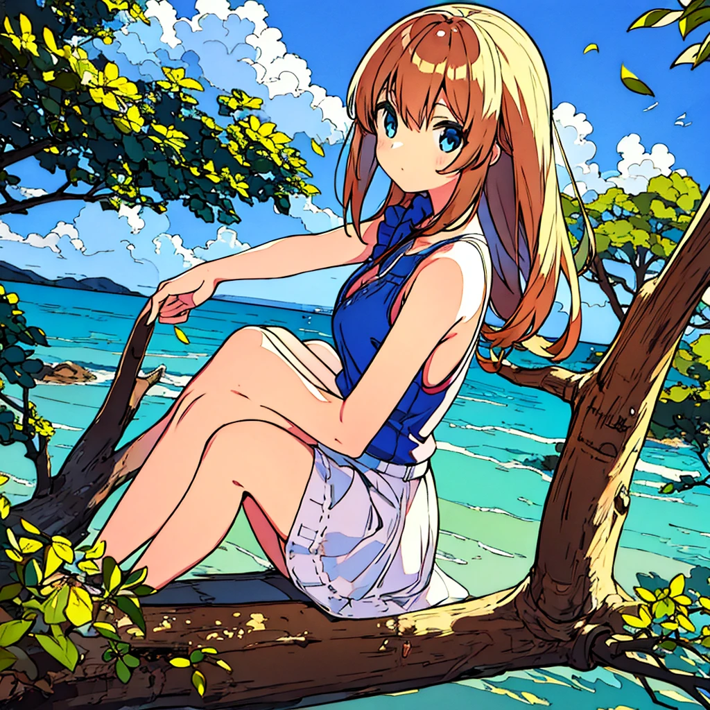 Plain background Girl sitting on a tree Summer Nostalgic