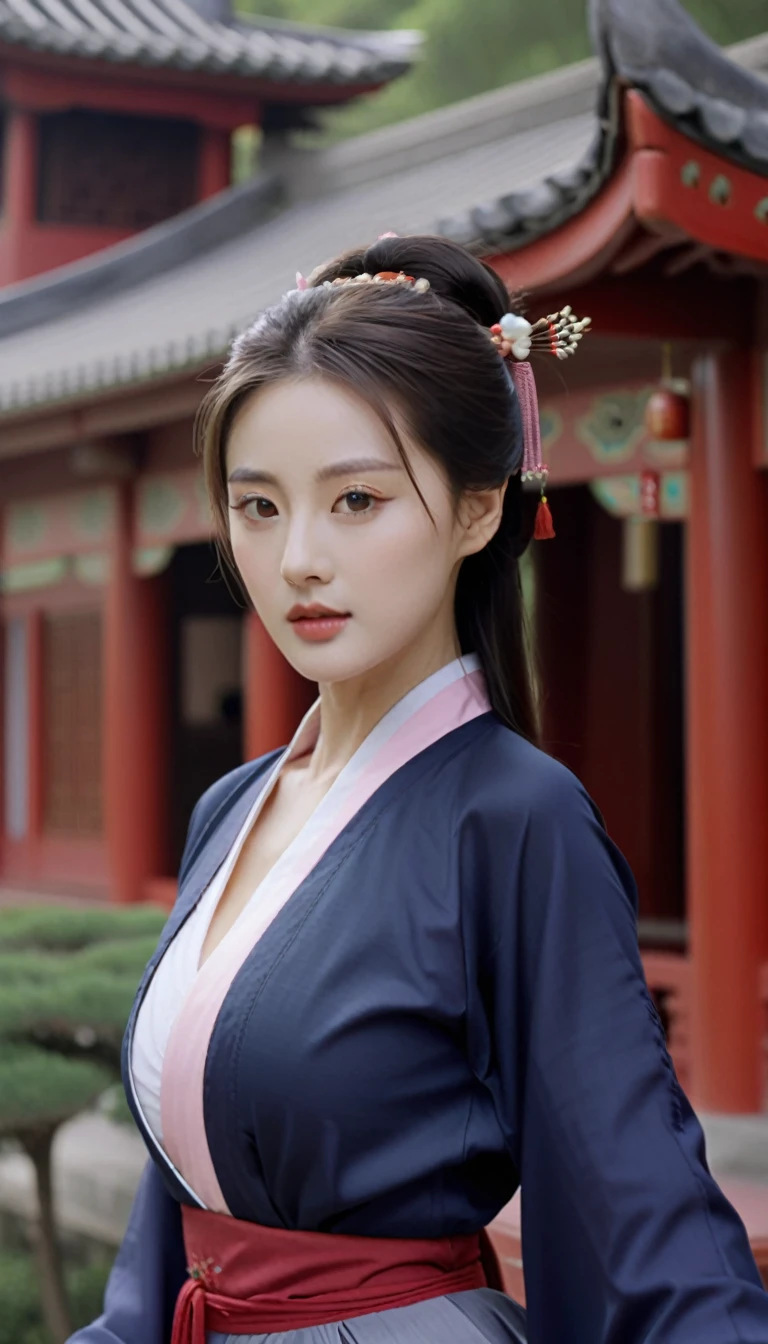 close-up of beautiful korean female, 34 inch breasts size, wearing Chinese wuxia outfit, in front of the Chinese tea house, cinematic scene, UHD 