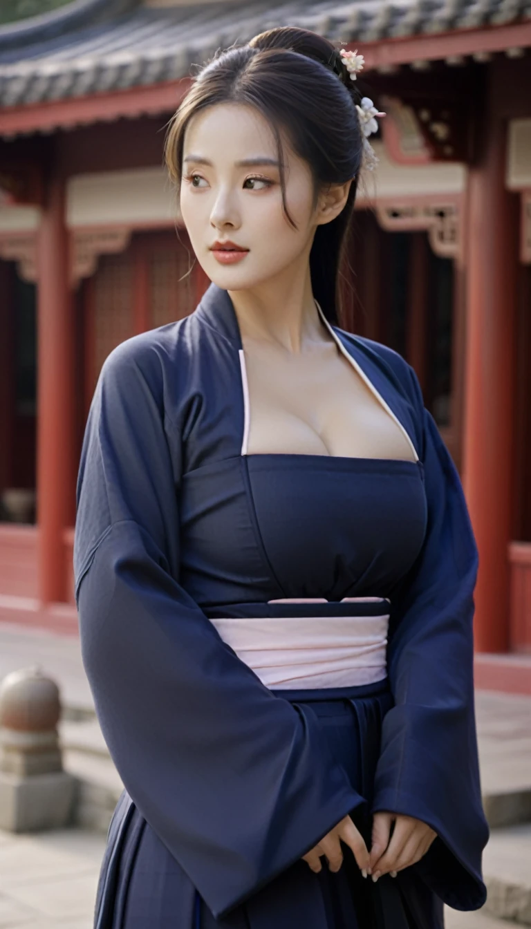close-up of beautiful korean female, 34 inch breasts size, wearing Chinese wuxia outfit, in front of the Chinese tea house, cinematic scene, UHD