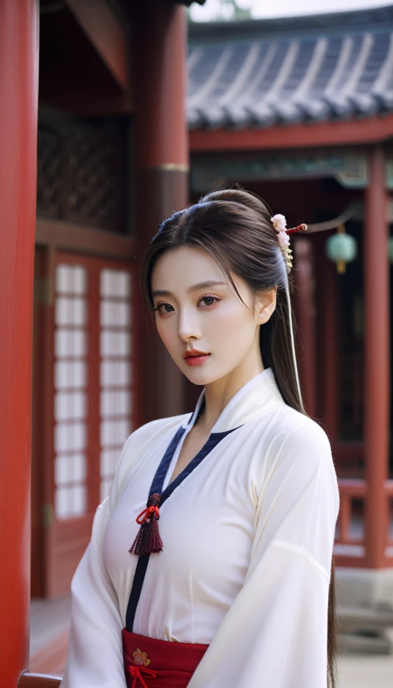 close-up of beautiful korean female, 34 inch breasts size, wearing Chinese wuxia outfit, in front of the Chinese tea house, cinematic scene, UHD