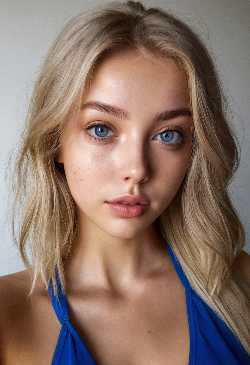 NSFW, Femme avec débardeur fille sexy aux yeux bleus, portrait sophie mudd, portrait corinna kopf, cheveux blonds et beaux yeux, Selfie jeune femme, sans maquillage, maquillage naturel, Regarder directement dans la caméra, Visage avec Artgram, maquillage subtil, superbe photo de tout le corps, dans le salon, clivage, Pleine longueur