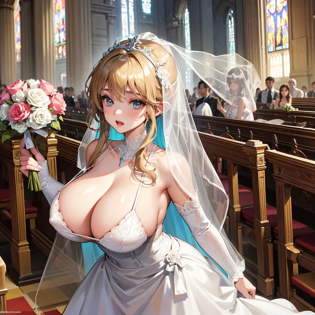 Girl with huge breasts wearing a micro bikini and a wedding dress with a veil and bouquet in the church