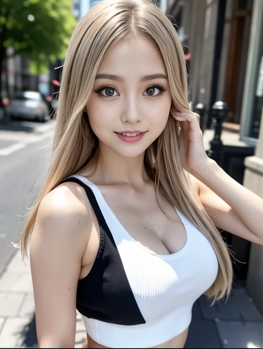 (RAW Photos,Realistic, Photorealistic: 1.4, masterpiece, highest quality), 98k, 1 Beautiful Day Woman, alone, 20-year-old, Small face,Cute Smile, Larger breasts, Beautifully detailed round eyes, Droopy Eyes 1.4, Long platinum blonde hair, Wavy Hair, (Highly detailed face and skin texture), White skin,, White tank top, Micro Mini Skirt, street, Day, sunny Day, close, (View Viewer:1.4)