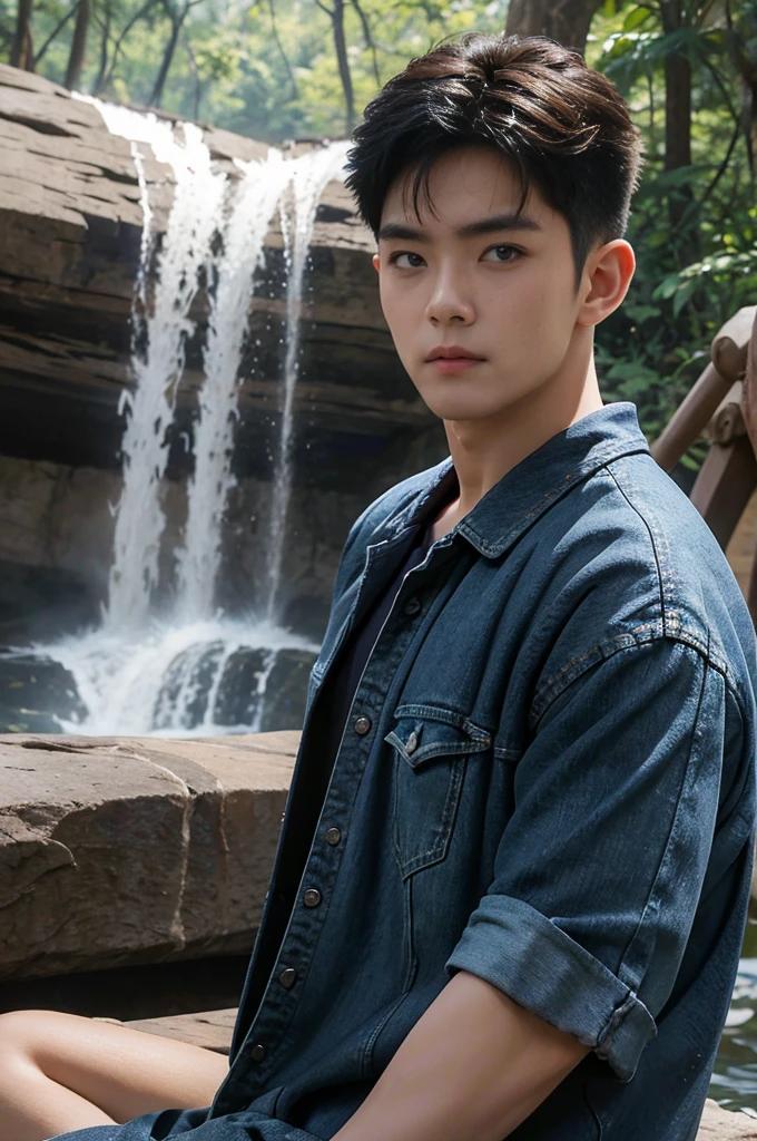 ((realistic daylight)) , Young Korean man in only a black t-shirt, no pattern. (Denim coat)  Jeans, A handsome, muscular young Asian man looks at the camera. In a simple t-shirt blue and red , By the waterfall ,turn sideways