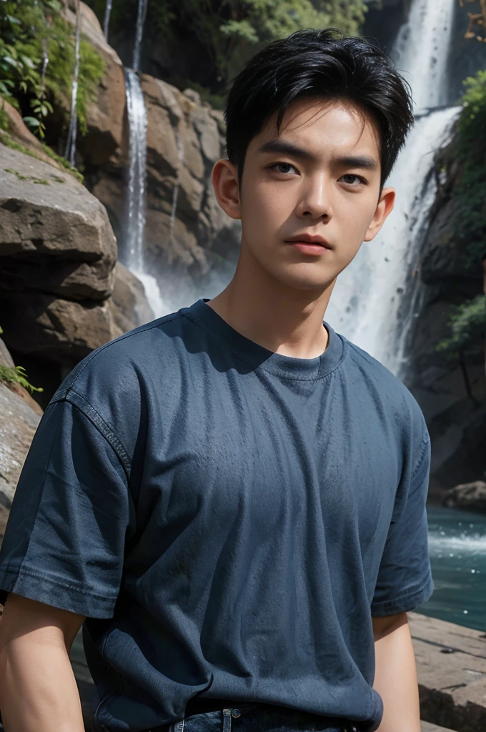 ((realistic daylight)) , Young Korean man in only a black t-shirt, no pattern. (Denim coat) Jeans, A handsome, muscular young Asian man looks at the camera. In a simple t-shirt blue and red , By the waterfall ,turn sideways