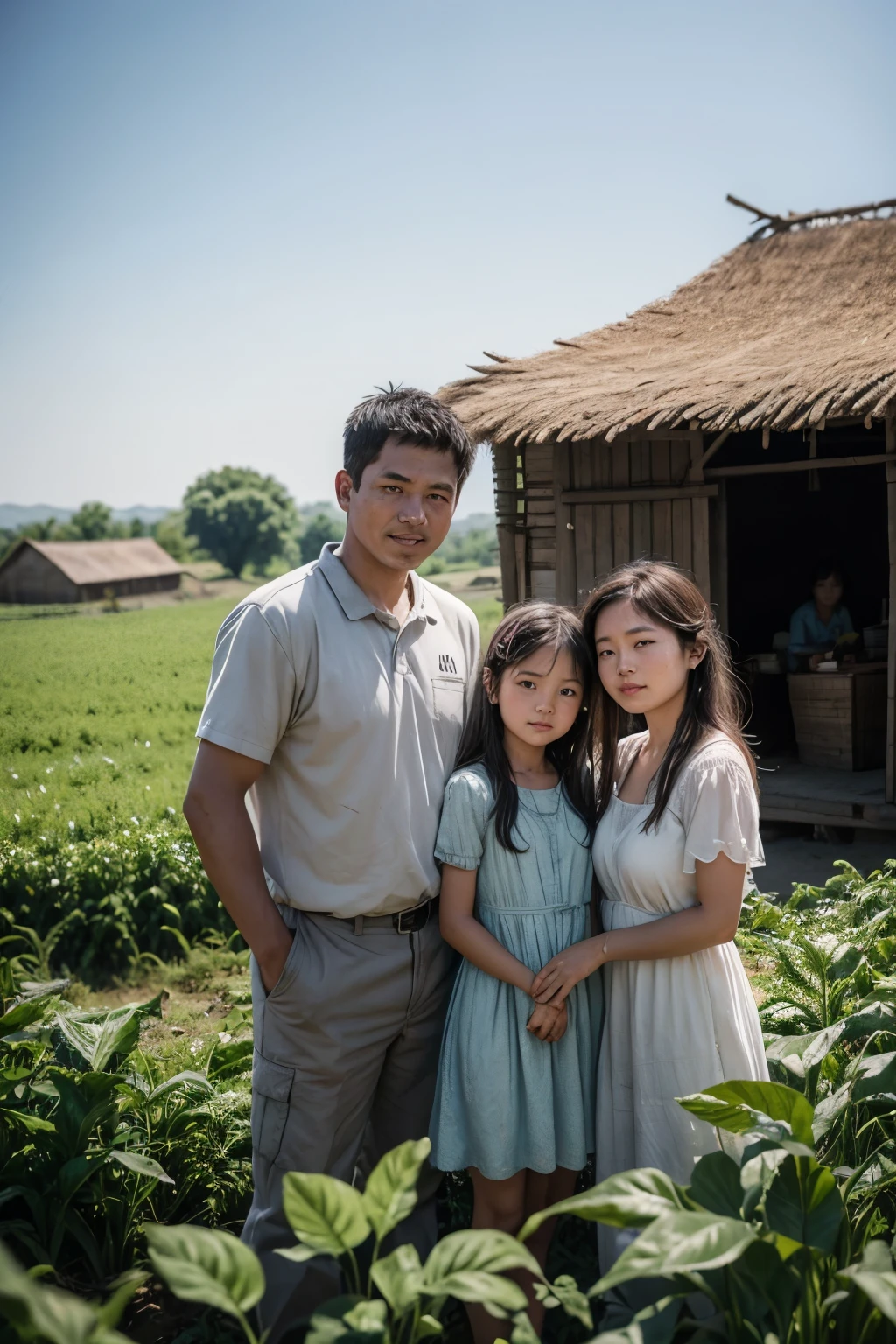 Family in the Village:"A farmer with his wife and daughter in a small village, Surrounded by wilting crops under a clear summer sky."