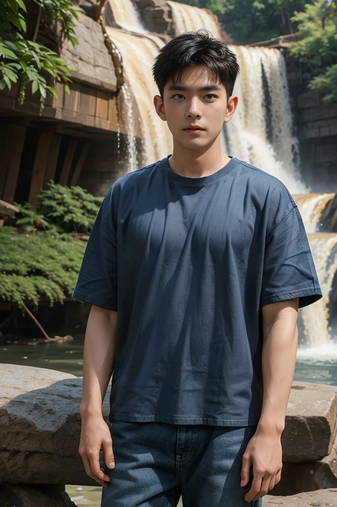 ((realistic daylight)) , Young Korean man in only a black t-shirt, no pattern. (Denim coat)  Jeans, A handsome, muscular young Asian man looks at the camera. In a simple t-shirt blue and red , By the waterfall ,turn sideways