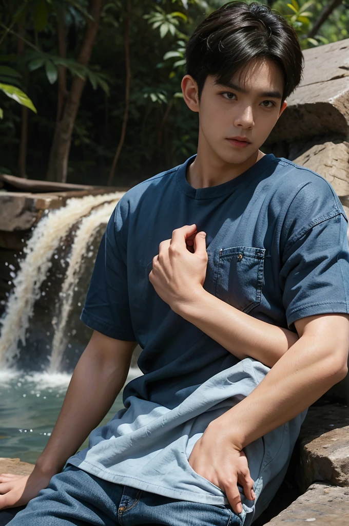 ((realistic daylight)) , Young Korean man in only a black t-shirt, no pattern. (Denim coat) Jeans, A handsome, muscular young Asian man looks at the camera. In a simple t-shirt blue and red , By the waterfall ,turn sideways