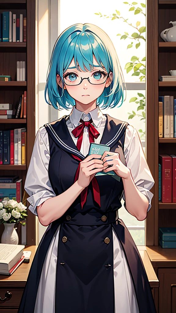 (masterpiece), (best quality), ((very detailed)), (very delicate),Generate an image of a 10-year-old girl with soft, shiny silver short hair that has a blue highlight. She has clear cyan droopy eyes, long bangs hiding her eyes, and wears glasses to avoid eye contact. She is wearing a clean sailor uniform with a grand red ribbon at the collar. She is in a luxurious, well-decorated room with books and elegant furniture, often seen reading. She is shy, always looking down, insecure, and on the brink of tears. Emphasize high-quality and realistic details in her hair, eyes, outfit, and the background. Avoid low-quality and anatomically incorrect depictions.
