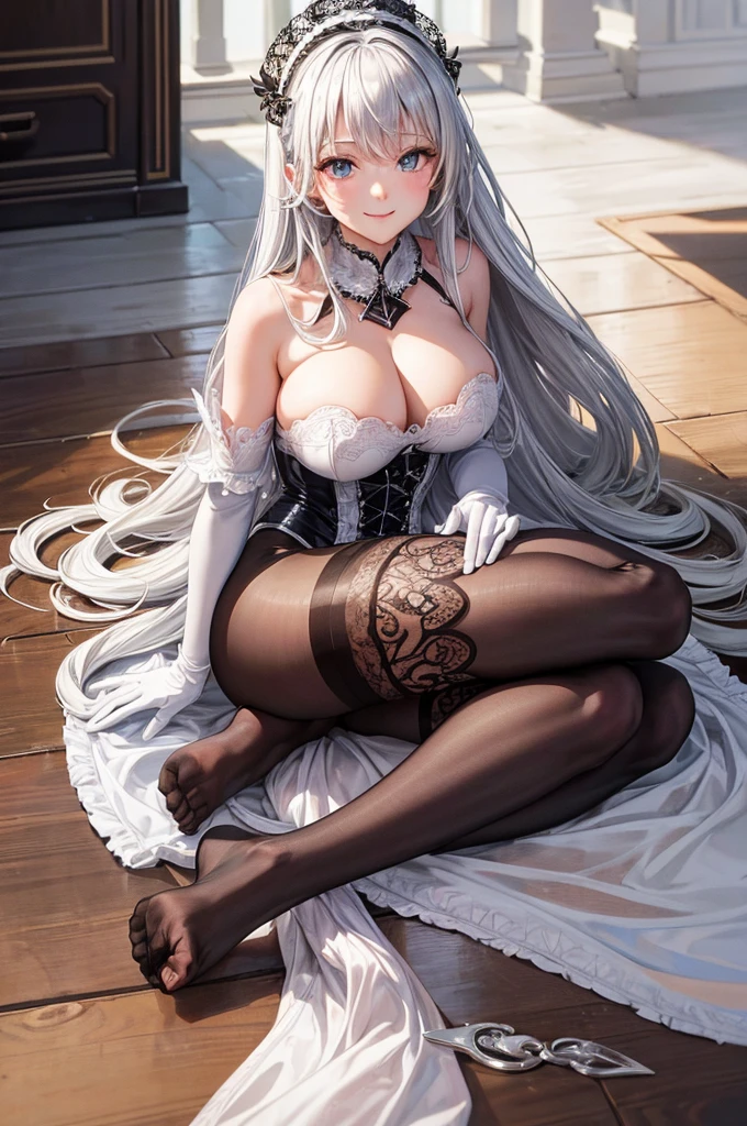 (high quality, 8k, 4K, High Contrast, masterpiece:1.2, 最high quality, Best aesthetics), , Maid, Very detailed, Seductive and erotic girl with lace headdress, smile, (large breast, Silver fur, white gloves), Focus on the face, Focus on the face, Complex eyes, tights, laced tights, coffee shop, Ground angle shot, Viewers looking up, feet in tights, Open-chested clothing