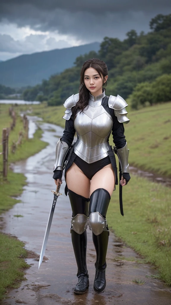Masterpiece, best quality, 1girl, wavy hair, ponytail, wet hair, hair covering some part of her face, looks tired, A beautiful girl, fit body, tall, she is a knight in a full body armor, tight armor, body shape armor, black latex underwear, gold armor, ((a longsword in her hand)), shield in her other hand, now walking back from battlefield, few skin wounds, armor scratches, ((pouring rain)), lightnings, storm, winds blowing her hair, Expansive view in the background, mountains, grey cloud, muddy footpath, no house show in the picture, only nature.