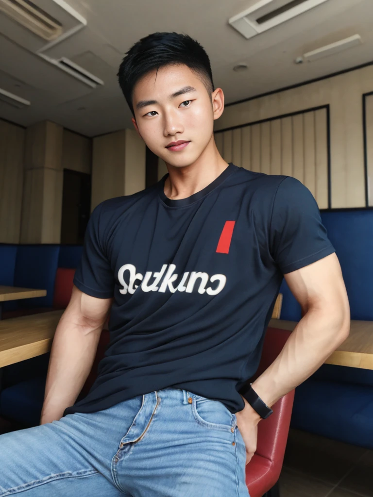 ((realistic daylight)) , Young Korean man in only a black sports shirt, no stripes, a denim shirt, and jeans., A handsome, muscular young Asian man looks at the camera. In a simple t-shirt blue and red , in the restaurant ,turn sideways