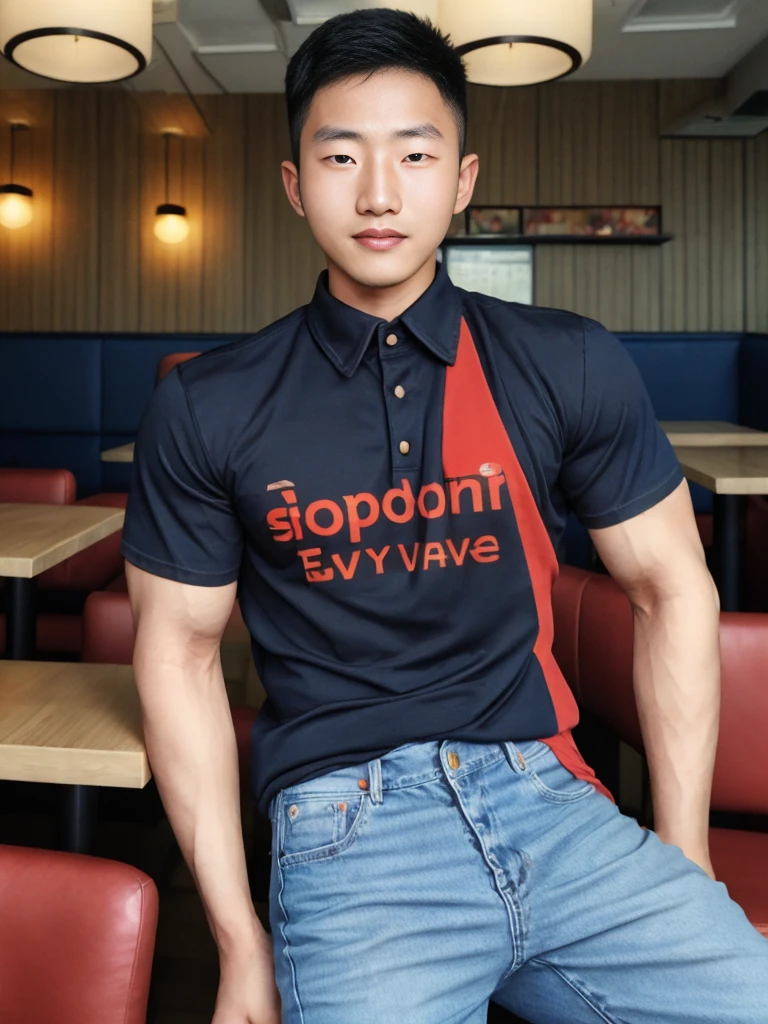 ((realistic daylight)) , Young Korean man in only a black sports shirt, no stripes, a denim shirt, and jeans., A handsome, muscular young Asian man looks at the camera. In a simple t-shirt blue and red , in the restaurant ,turn sideways