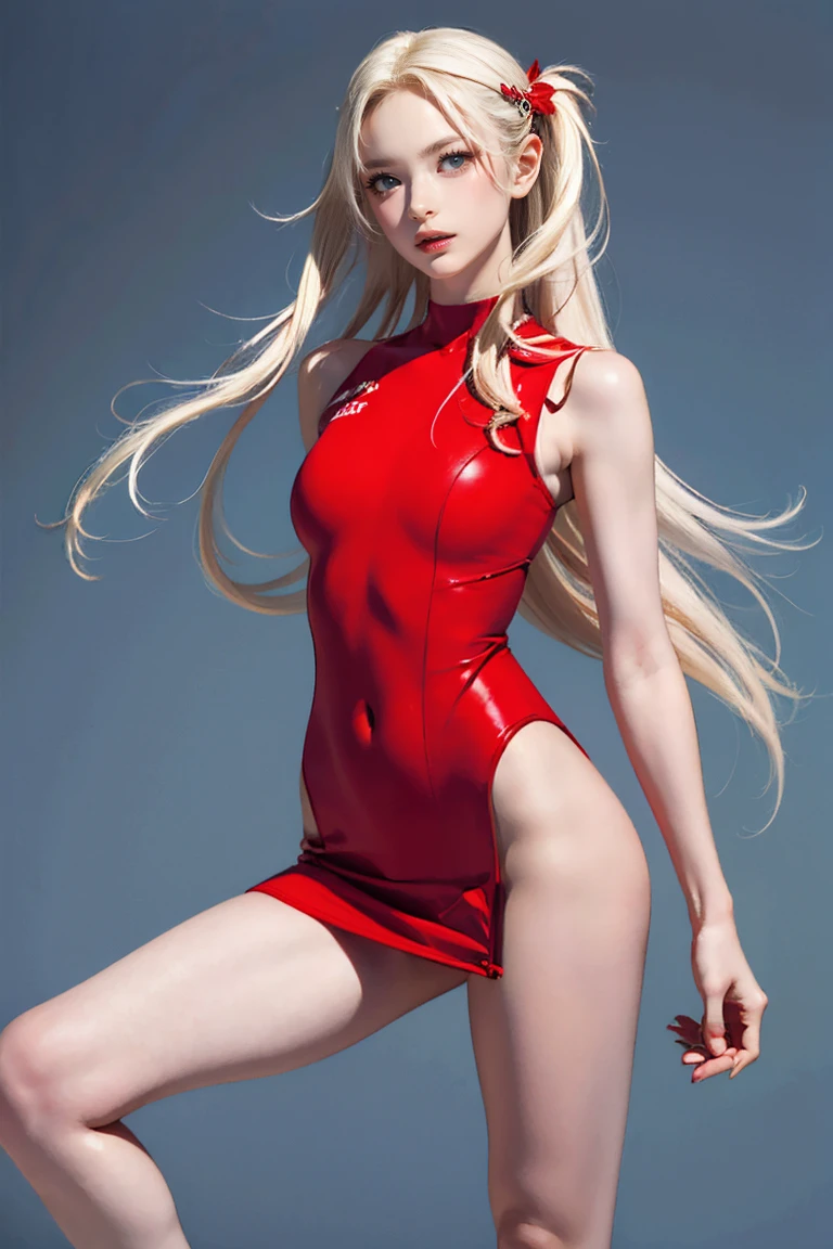 blonde, girl,  (1980s Style), ((Red sleeveless tight dress)), Big Breasts,Long Hair, (NSFW:1.0),Tall Supermodels、Long-legged supermodel、supermodel,((Highest quality、Best image quality、Ultra-high resolution、Ultra-high resolutionで描画、Very beautiful adult Nordic woman、Strong eye highlights)),NSFW,(See-through)