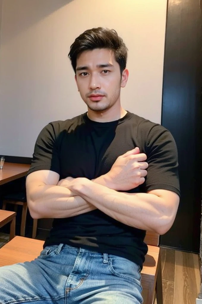 ((realistic daylight)) , Young Korean man in only a black sports shirt, no stripes, a denim shirt, and jeans., A handsome, muscular young Asian man looks at the camera. In a simple t-shirt blue and red , in the restaurant ,turn sideways