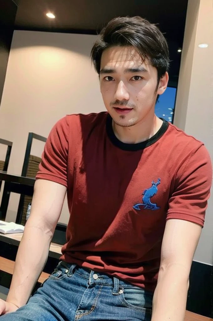 ((realistic daylight)) , Young Korean man in only a black sports shirt, no stripes, a denim shirt, and jeans., A handsome, muscular young Asian man looks at the camera. In a simple t-shirt blue and red , in the restaurant ,turn sideways