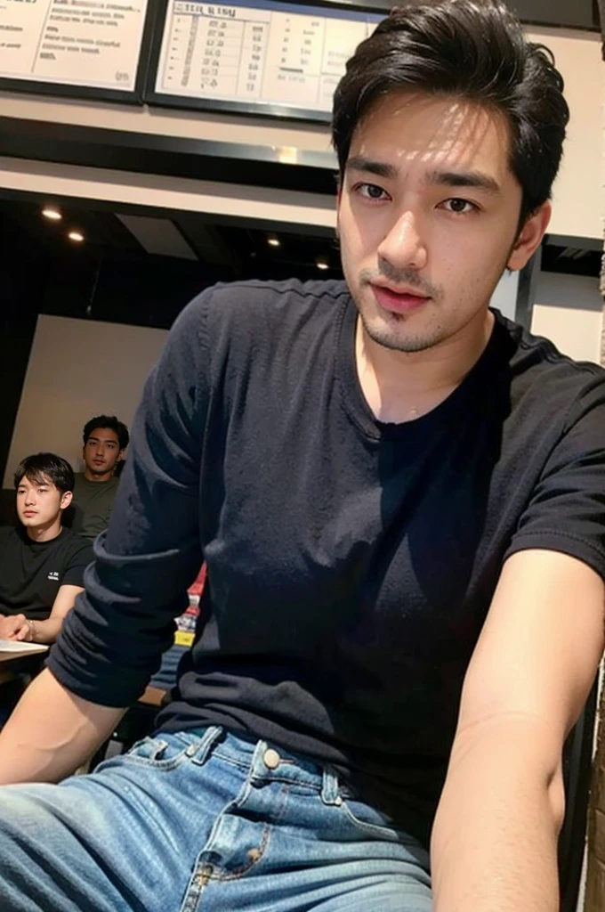 ((realistic daylight)) , Young Korean man in only a black sports shirt, no stripes, a denim shirt, and jeans., A handsome, muscular young Asian man looks at the camera. In a simple t-shirt blue and red , in the restaurant ,turn sideways