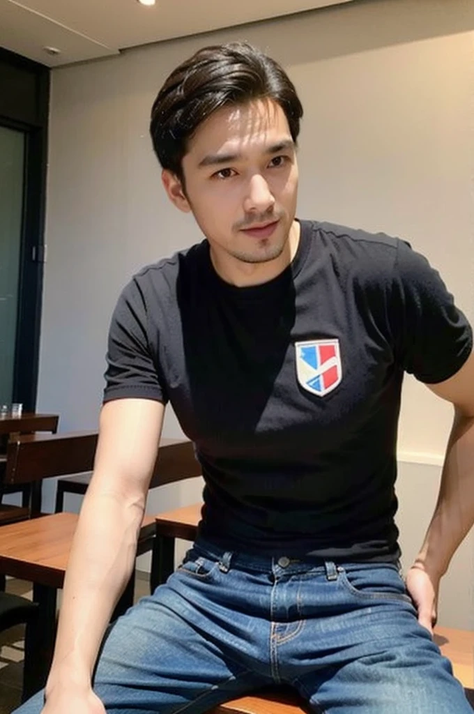 ((realistic daylight)) , Young Korean man in only a black sports shirt, no stripes, a denim shirt, and jeans., A handsome, muscular young Asian man looks at the camera. In a simple t-shirt blue and red , in the restaurant ,turn sideways