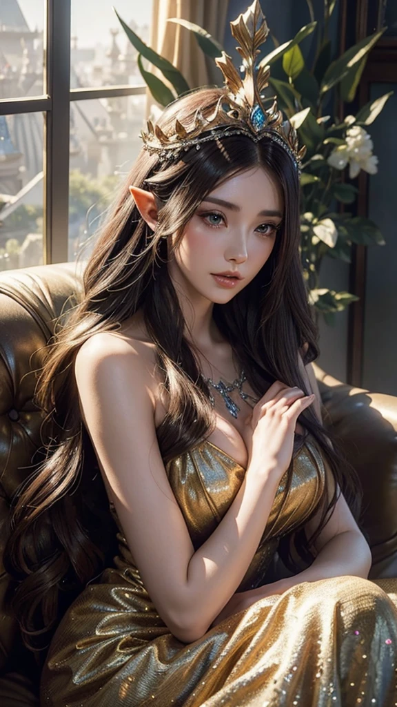 Close-up of a woman with very long hair and a very pretty dress, Beautiful and elegant elven queen, 8k high quality detailed art, Complex and gorgeous anime CGI style, Anime Style. 8k, Gweiz-style artwork, 8k portrait render, 3d rendering character art 8k, Detailed digital anime art, Fantasy art style