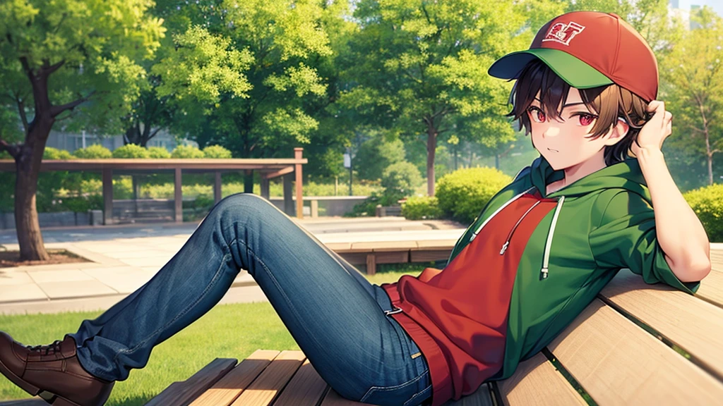 brown haired boy sitting on a bench, Has red eyes, jeans and green hoodie, He is wearing a green cap and is in the style of Japanese cartoon animation.