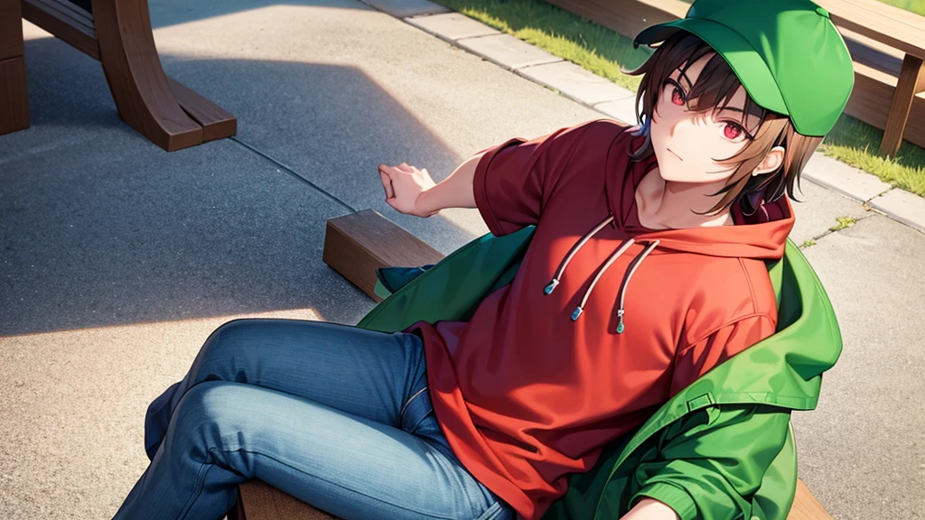 brown haired boy sitting on a bench, Has red eyes, jeans and green hoodie, He is wearing a green cap and is in the style of Japanese cartoon animation.