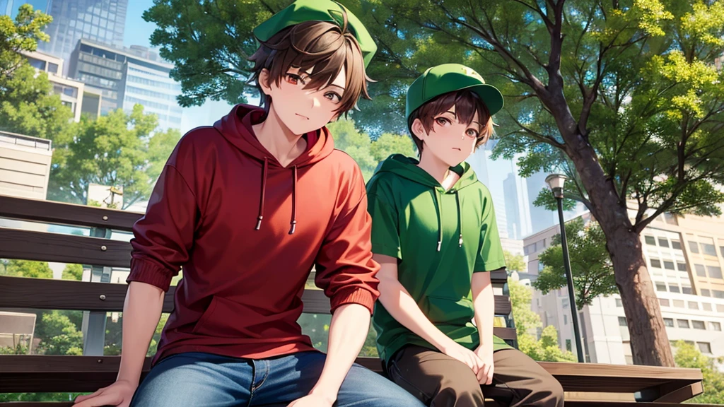 brown haired boy sitting on a bench, Has red eyes, jeans and green hoodie, He is wearing a green cap and is in the style of Japanese cartoon animation.