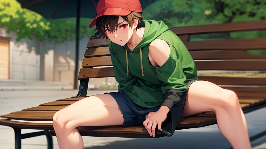 brown haired boy sitting on a bench, Has red eyes, jeans and green hoodie, He is wearing a green cap and is in the style of Japanese cartoon animation.