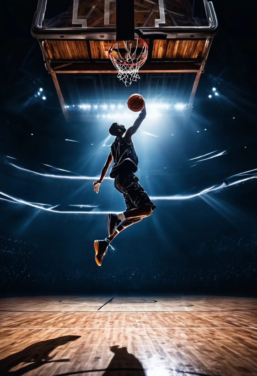 The background is a basketball arena, Dynamic pose, (silhouette), (Dunk Shot), Basketball Goals, Wooden floor, The ball player jumps with all his might, The moment the ball hits the ring, illumination, jump, Sports, Powerful, dynamic, illumination効果, Shadow, vivid