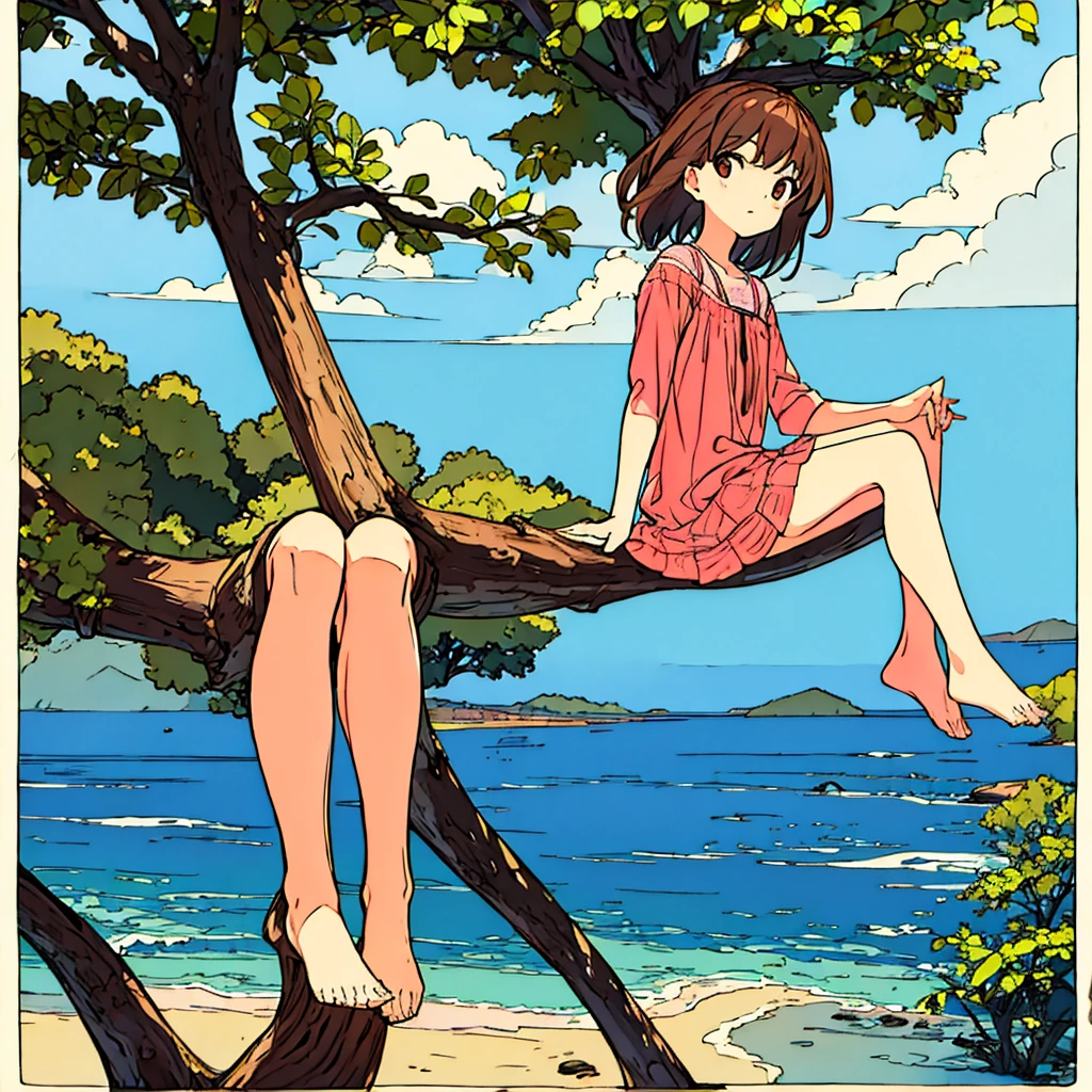 Plain background Girl sitting on a tree Summer Nostalgic