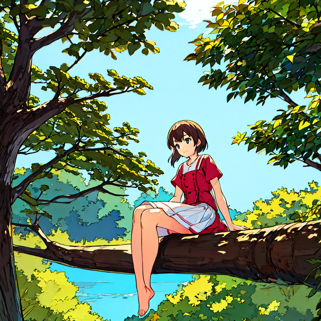 Plain background Girl sitting on a tree Summer Nostalgic