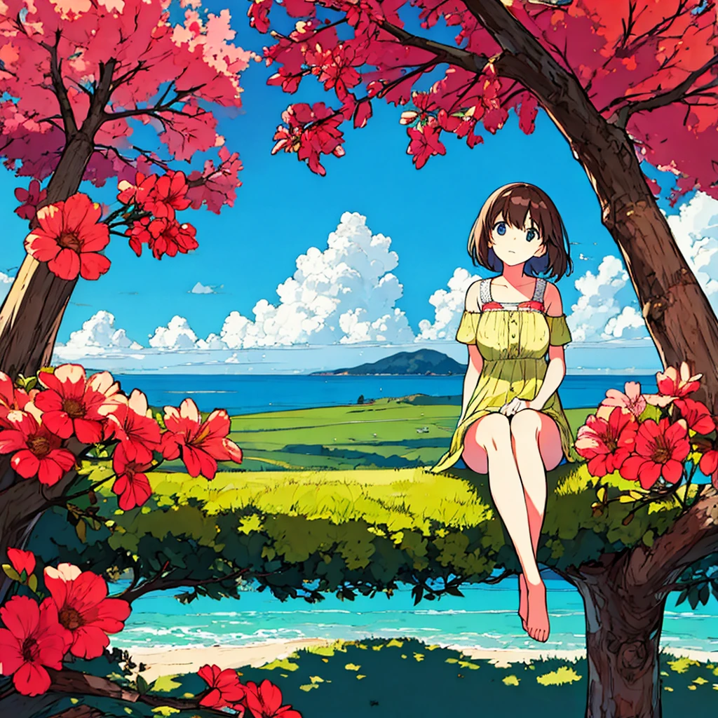 Plain background Girl sitting on a tree Summer Nostalgic