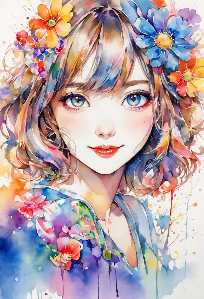 beautiful woman portrait, cute smile, Sylvia Pelissero watercolors, colorful flowers, beautiful eyes, upper body, abstract art, intense watercolor, watercolor detailed art, watercolor splash, surreal, avant-garde pop art, Beautiful and expressive paintings, Beautiful artwork illustration, very colorful tones, wonderful, cool beauty, highest quality, official art, women only, sharp outline, best shot, vector art, lips in love、 (((The strongest beautiful women of all time))), (((Japanese)))、clear, (((highest quality))), lips in love, HDR, ((Detailed details)), stylish fashion, detailed clothing texture, (((graffiti art))), colorful hair, ((masterpiece))、((Super detailed))