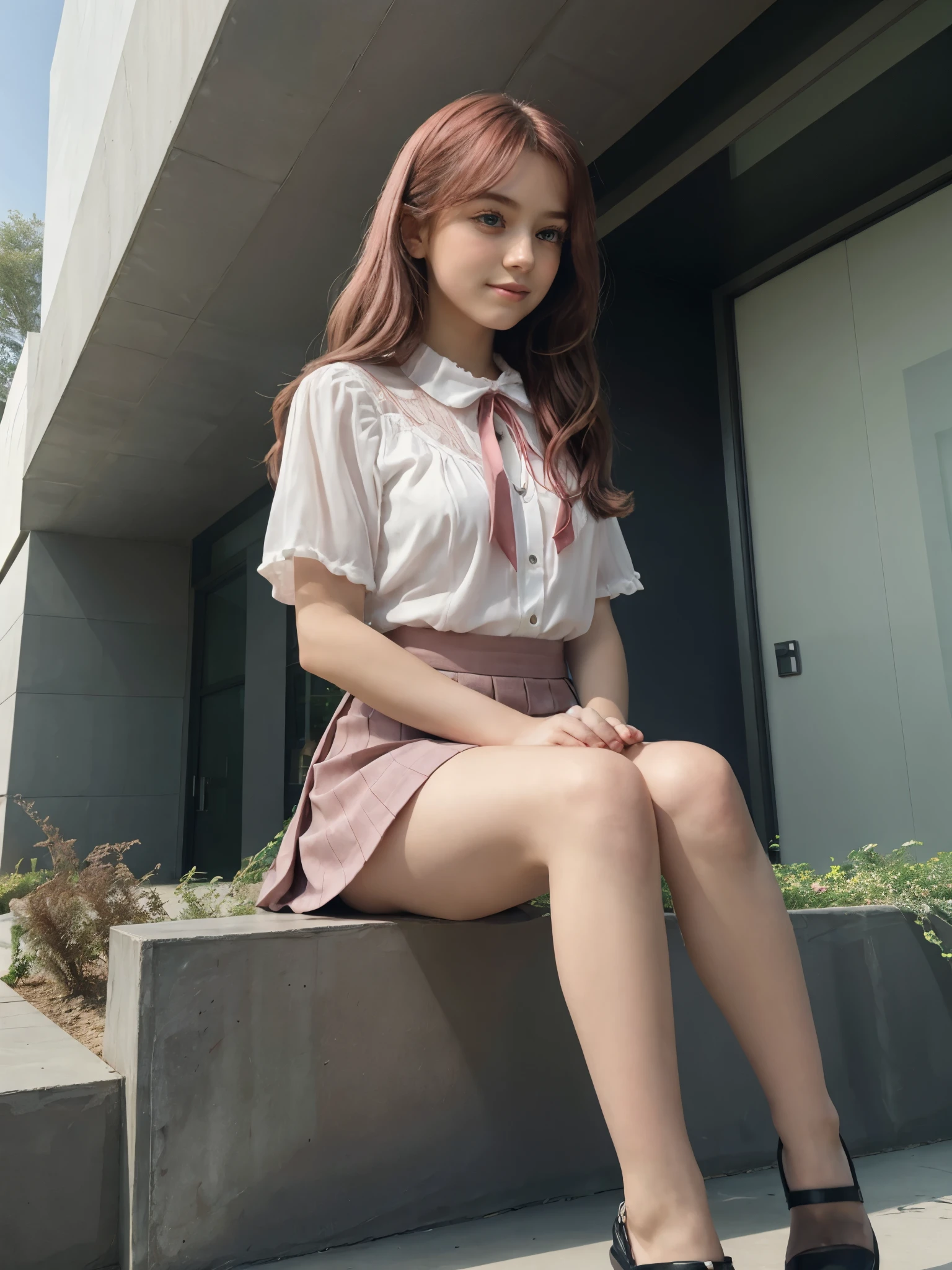 1girl, focus on girl, , white blouse accentuated with red ribbon on collar, short pleated skirt, sitting, thigh, very straight hair, very long pink hair, detailed face, (blush:1.2), looking at viewer, placing both of her hands on thigh, (curvilinear parametric architecture, tesselated facade, front street view, low-rise building, theatre stadium, manufactured goods, ground breaking design, integrated greenery, vertical garden, green facade, biophilic design, sustainable architecture, nature-inspired elements, harmonious blend with environment:0.8),