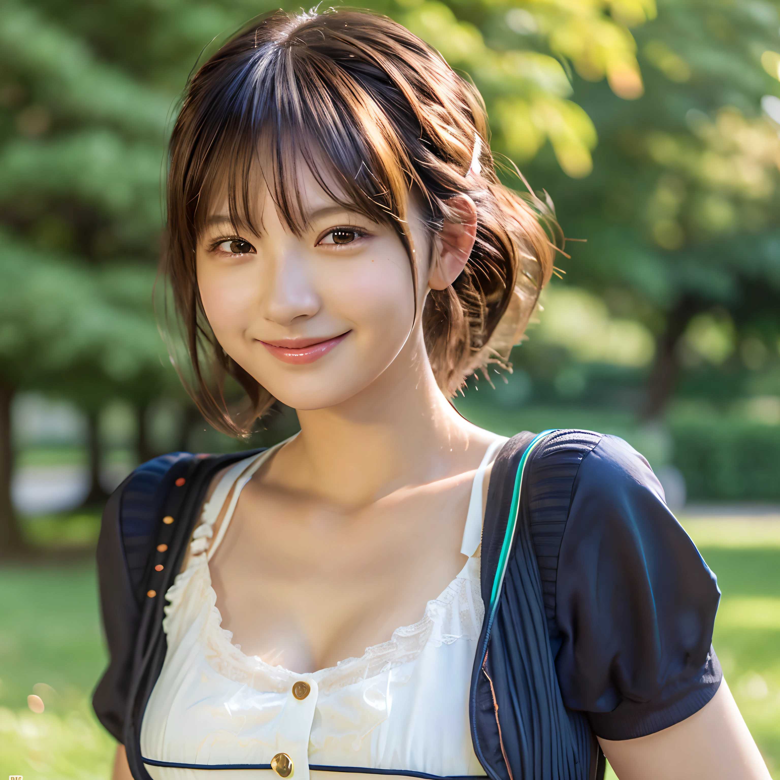 ((Tabletop)), (((Highest quality))), ((Very detailed)), ((figure)), ((Disheveled Hair)), Big Breasts:1.8.Girl posing in park, Enchanting anime girl, Surreal school girl, Surreal school girl, tits, Smooth anime CG art, Japanese , Naughty, Teasing Smile
