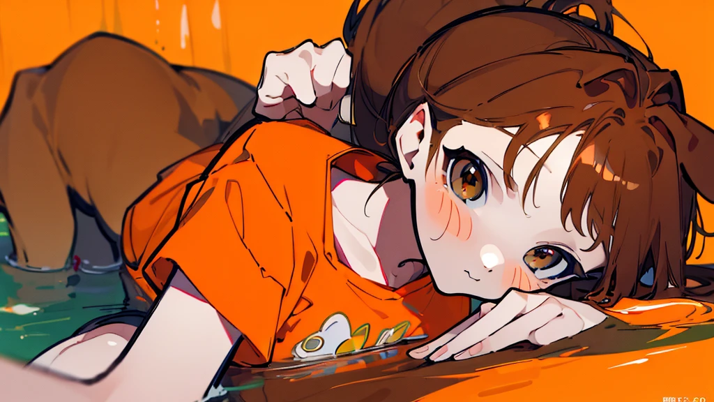 (Masterpiece,Highest quality),(Maximum details),1 woman,18 years old,Cute face,Long brown and orange hair,has brown dog ears,brown eyes,Ponytail,Half-body picture,Wear an orange t-shirt with a cute dog pattern.,Sucking water
