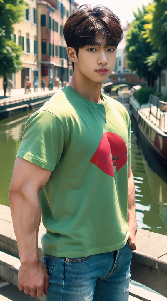 ((realistic daylight)) , Young Korean man in a green t-shirt Denim shirt, jeans, A handsome, muscular young Asian man looks at the camera. In a simple t-shirt pink and red , Along the canal ,turn sideways