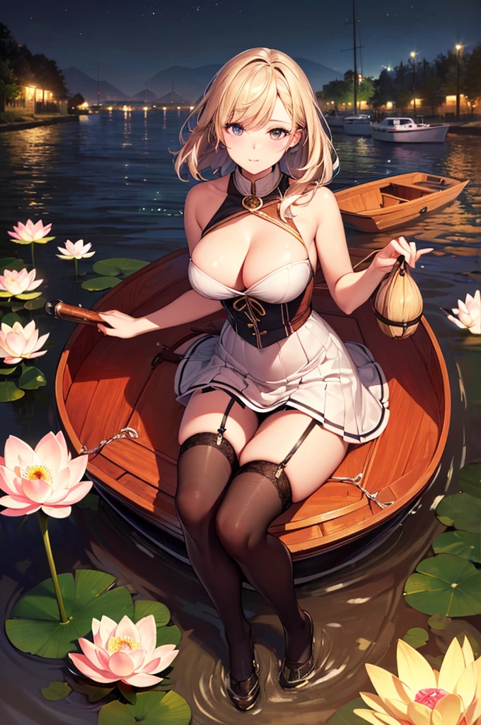 (high quality, 8k, original character), (fact: 1.5), (masterpiece, 最high quality, High resolution: 1.2), girl, summer night, (Stockings Smooth texture: 1.5), Sexy skirt, Delicate eyes, Delicate image, boat, river, To the camera, Behind her is a large lotus flower., moonlight, Wind, fire Fly