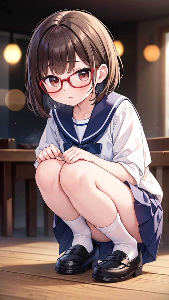 18-year-old、pretty girl , thin,squat、surprise、Shyness、Steam rises around her, Shooting from below, One Girl, Brown Hair、Very short hair, Red frame glasses、White blouse, Navy Blue Skirt, Navy blue socks, Brown Loafers, White , Everyday Style, Highest quality, 4K, 8k, High resolution, masterpiece:1.2, Very detailed, Realistic, photoRealistic, photo-Realistic:1.37, High resolution, 超High resolution, Studio Lighting, Ultra-fine painting, Sharp focus, Physically Based Rendering, Very detailed explanation, Professional, Vibrant colors, bokeh