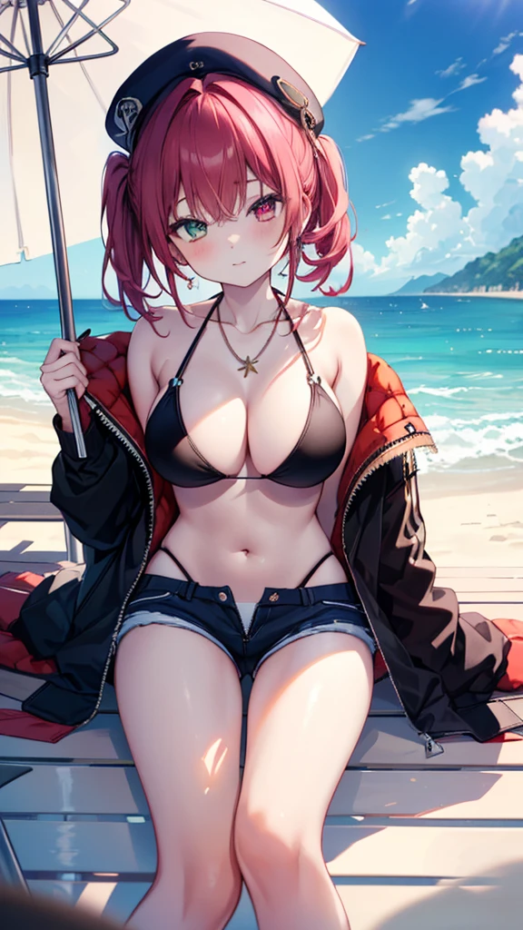 (Ultra-high resolution,masterpiece, Attention to detail, Highest quality), 8k,(eemarine, high ponytail, black headwear, sunglasses, heterochromia, earrings, necklace, bare shoulders, (red bikini), bikini under clothes, black jacket, long sleeves, partially unzipped, short shorts, white shorts),(Blessed,Captivating body、Ultra-detailed skin、Super beautiful eyes、Detailed Background),One girl、huge breasts、(sun、vacations、tropical、White sand beach、I can see the ocean in the distance)、(Glowing Skin:1.2), (enjoy :1.5), (Beach parasol、Sitting on a lounger:1.3)、(青いtropicalジュースを飲む)