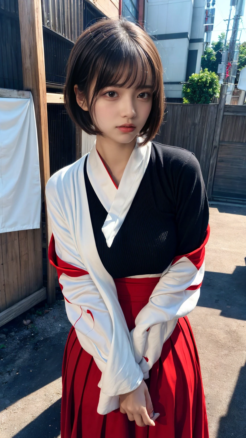 (absurdres:1.3), (highres:1.3), (ultra detailed:1.3),(1girl:1.3), (extremely detailed CG unity 8k wallpaper:1.3), (detailed skin texture, detailed cloth texture, detailed hair texture), (beautiful detailed face, supermodel, pale skin, realistic glistening skin), (RAW photo, best quality), (realistic, photo-realistic:1.4), masterpiece, extremely delicate and beautiful,Amazing, finely detail, extremely detailed CG unity 8k wallpaper, huge filesize, ultra-detailed, highres, absurdres, soft light,rim light, vibrant details, short bob hair, black hair color, Big Natural Color Lip, (perfect body shape), beautiful legs, BREAK (white and red theme:1.4), (fusion of (white kimono tops:1.2) and  (red high-waisted maxi length skirt):1.4), (long sleeve:1.3), (kimono-collar:1.2), (red outlines on white kiomno:1.2), (white very short ankle socks:1.2), (Japanese clogs geta:1.2),
 crying a little、Harajuku style、20 year old girl、cute type、lolita、open legs