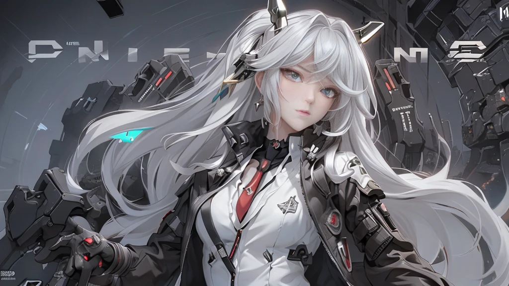 masterpiece, (best quality), (ultra-detailed), (ultra-realistic:1.2), landscape, sci-fi, transistorpunk, cyberpunk, biopunk, (magazine cover:1.4), (gray, white), female huge robot, visor, earring, mechanical angel wings on the back, angel wings, future town, dynamic pose, dynamic angle, small breasts, luxury, (gold, silver, green), neonmasterpiece, (best quality), (ultra-detailed), (ultra-realistic:1.2), landscape, sci-fi, transistorpunk, cyberpunk, biopunk, (magazine cover:1.4), (gray, white), 8k, UHD, The alone long waist white hair woman as the lone character as a magazine, yellow eyes, gold eyes, hair accessory, floating alone , high resolution, sci-fi city , Hyper detail mature face, black strapless bodysuit, white shirt, black panty, black jacket, black glove, ultra sharp, red necktie, black string full leg stocking, black string high thigh kneesock , exposed leg , black boot, feet visible, Hand Visible , twin sword, twin floating equipment, detail finger, 5 finger, Shooting pose，action pose,explosion effect, a determined expression on her face。