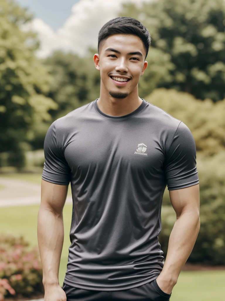 Tony Labrusca, (As a matter of fact, Masterpiece, 8k HD, good light quality, sportswear, fit the face, complicated details), A handsome, muscular young Korean man. , 20 years old, be happy, smile brightly, detailed face, delicate eyes, มองดูsky, Wearing a tight gray t-shirt, period, black eyes, Black hair color, ผมsmooth, smooth, outdoor sports, Along the garden, Sunny,sky，Surreal，Awesome details，Highest quality，real，