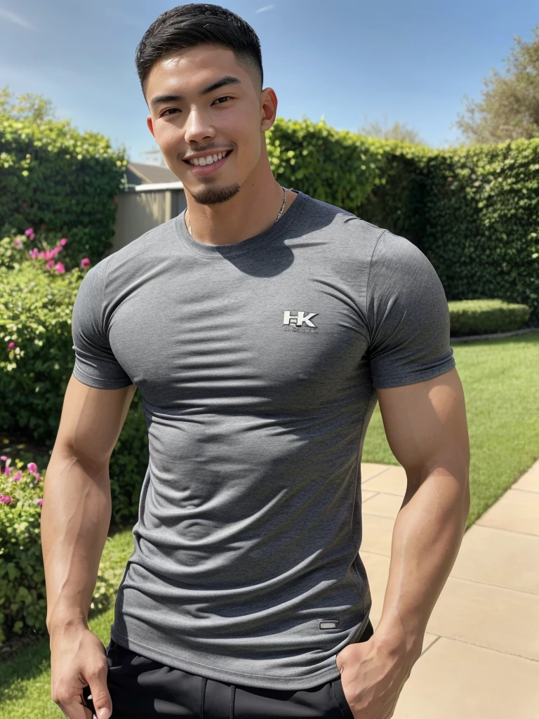Tony Labrusca, (As a matter of fact, Masterpiece, 8k HD, good light quality, sportswear, fit the face, complicated details), A handsome, muscular young Korean man. , 20 years old, be happy, smile brightly, detailed face, delicate eyes, มองดูsky, Wearing a tight gray t-shirt, period, black eyes, Black hair color, ผมsmooth, smooth, outdoor sports, Along the garden, Sunny,sky,Surreal,Awesome details,Highest quality,real,