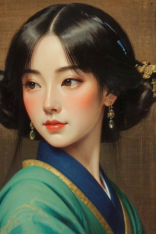 A beautiful woman from the Edo period is staring at me. The woman's eyes are large, beautiful, and full of sadness. Create a vintage oil painting