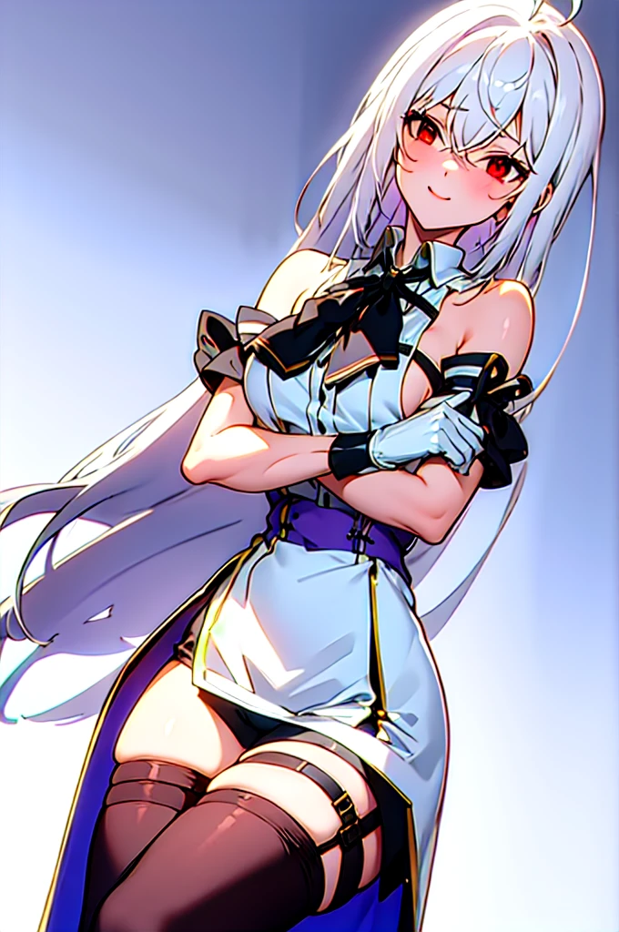 ninym ,masterpiece, glowing light,small breasts, perfect lighting,  looking at viewer, 1girl, mature female,cowboy shot,thighs, white hair,gradient hair,red eyes, gradient eyes, glowing eyes,  black thighhighs, thigh straps, white shirt, black bowtie, white gloves, ahoge, purple sleeves, (simple background), white background, gradient background, light smile, crossed arms, sitting, crossed legs