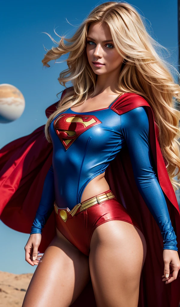 The female version of the character Superman, perfect costume, long red cape, smooth curves, extremely beautiful blue eyes, perfect long blond hair, beautiful planets in background