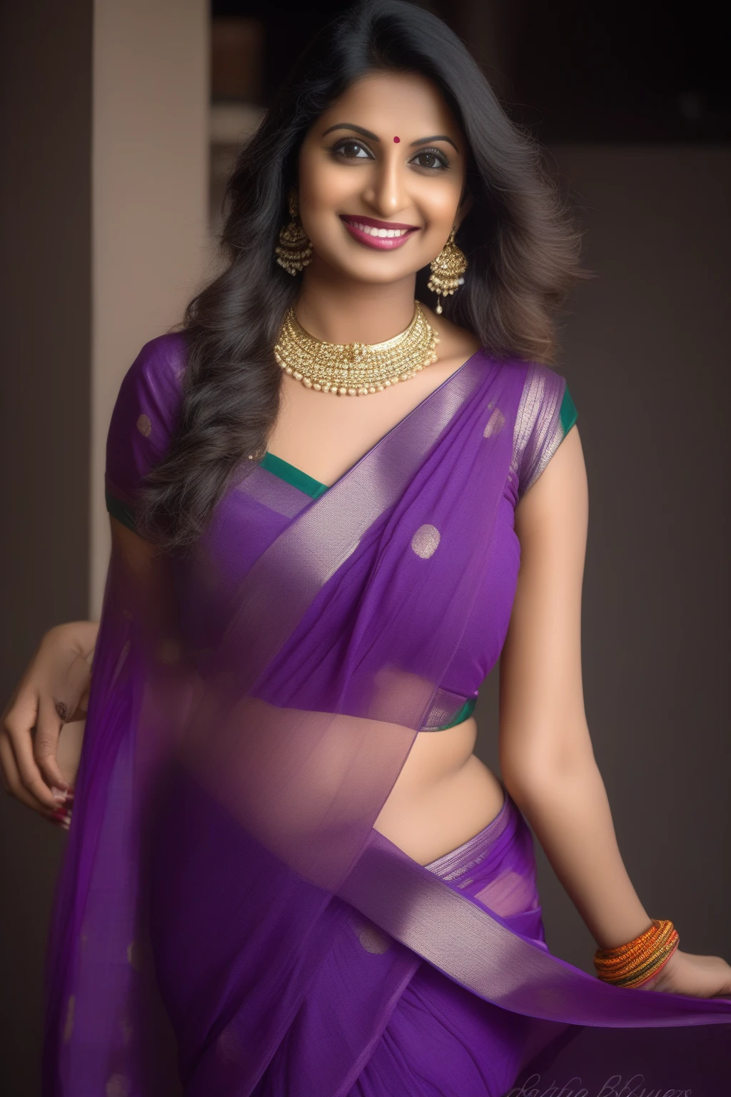 arafed woman in a purple sari posing for a picture, full subject in shot, indian, seductive lady, with a seductive smile, cleavage, provocative indian, curvy, indian goddess, sie boob, busty, looking hot, sexy :8, candid photo, candid shot, violet myers, candid picture, revealing clothes, indian super model, seductive smile