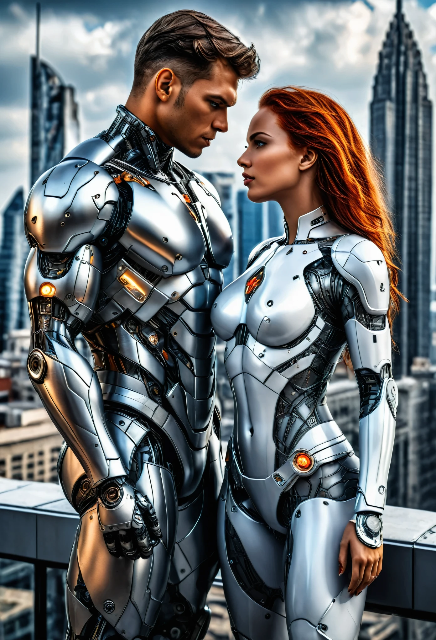 Sexual relationship between a male cyborg and a female cyborg on the roof of a skyscraper, high quality, best quality, absurdres, masterpiece, beautiful, intricate details, 1/2 body crop, slim body, beautiful figure, magnificent anatomy, (intricate details:1.12), HDR, (intricate details, hyper-detailing:1.15), (natural skin textures, hyper realisitc, soft light, Sharp:1.2)