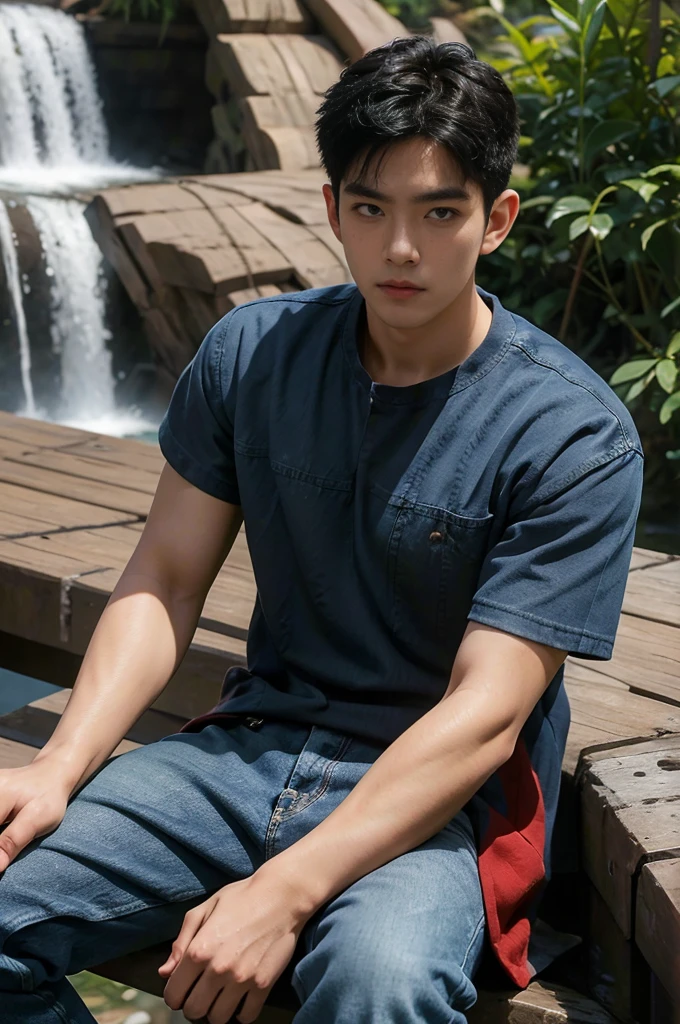 ((realistic daylight)) , Young Korean man in only a black t-shirt, no pattern. (Denim coat) Jeans, A handsome, muscular young Asian man looks at the camera. In a simple t-shirt blue and red , By the waterfall ,turn sideways